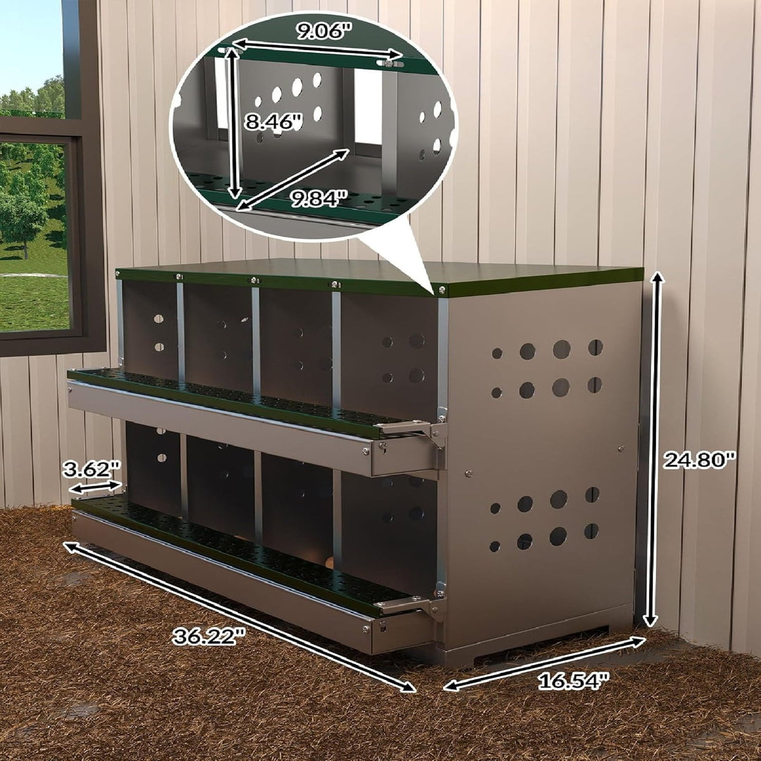 Metal Chicken Nesting Box for Laying Eggs, Rustproof Wall-mountable Roll Away Chicken Laying Boxes for Hens, Waterproof, Ventilated with Perch, 8 Compartments, Green