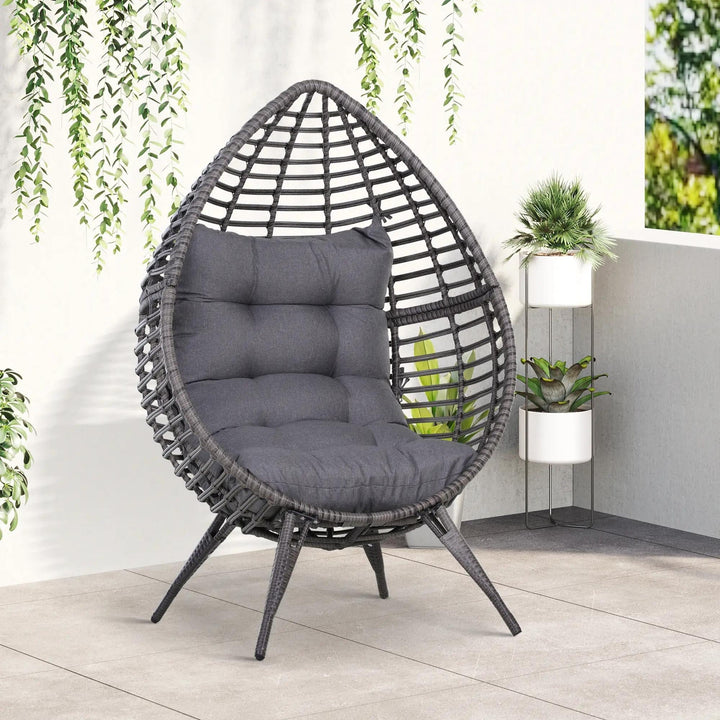 Resenkos Elevated Wicker Egg Chair With Soft Cushion, Teardrop Seat for Indoor/Outdoor Patio Use, Adjustable Height Plastic Rattan Furniture With Padded Feet, Gray