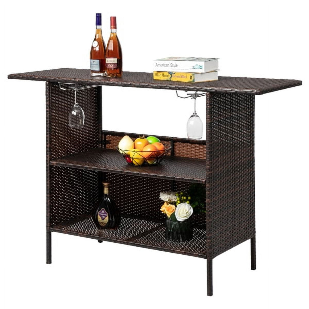 Modern Gradient Rattan Bar Table – Industrial-Style High Table with Stainless Steel Holders (55"L x 18"W x 36"H, Brown Ombre)