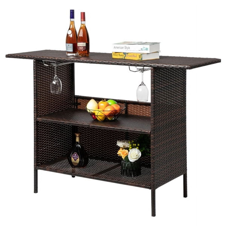Modern Gradient Rattan Bar Table – Industrial-Style High Table with Stainless Steel Holders (55"L x 18"W x 36"H, Brown Ombre)