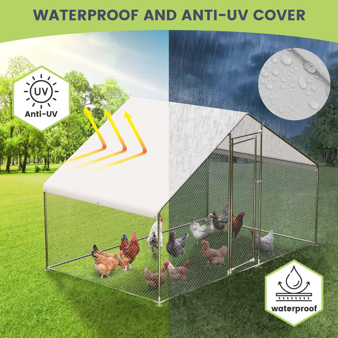 Pinypikaka Large Metal Chicken Coop 9.8'x6.5'x6.5' Walk-in Poultry Cage, Chicken Run Pen House with Waterproof Anti-Ultraviolet Cover for Yard, Outdoor Farm