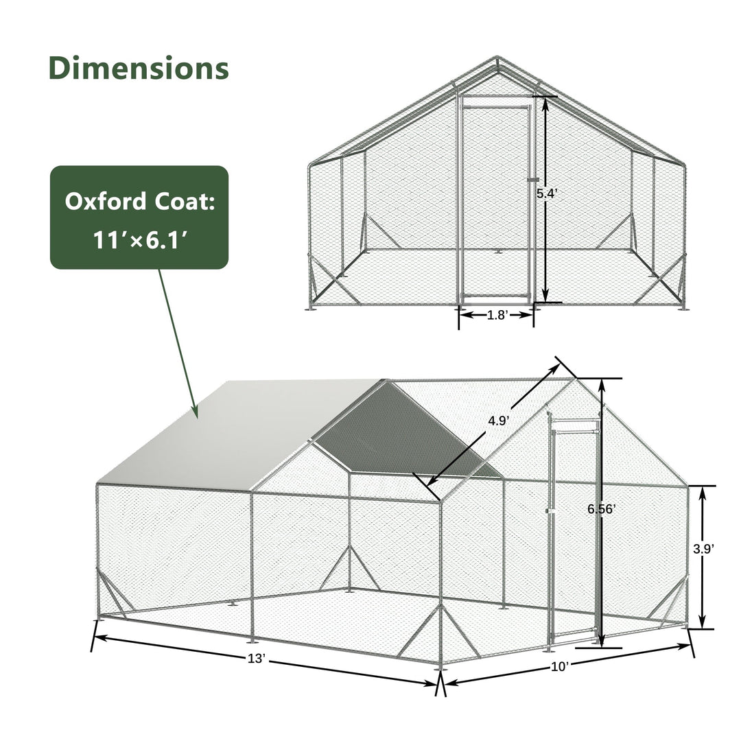Coowa Large Metal Chicken Coop, Walk-in Chicken Run with Galvanized Wire, Waterproof UV Cover, Hen Pen Cage for Rabbits, Ducks, Poultry, 10' L x 13' W x 6.56' H