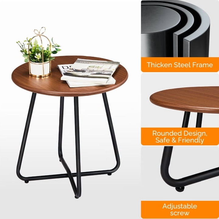 Round Adjustable Side Table, 20" Imitation Wood Top & Powder-Coated Steel Frame, Rust-Resistant Indoor/Outdoor End Table