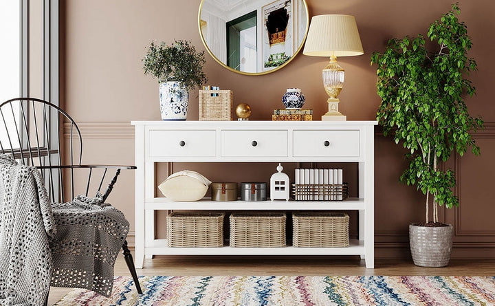 FARONZE Retro Design Console Table with Two Open Shelves, Antique White, Pine Solid Wood Frame