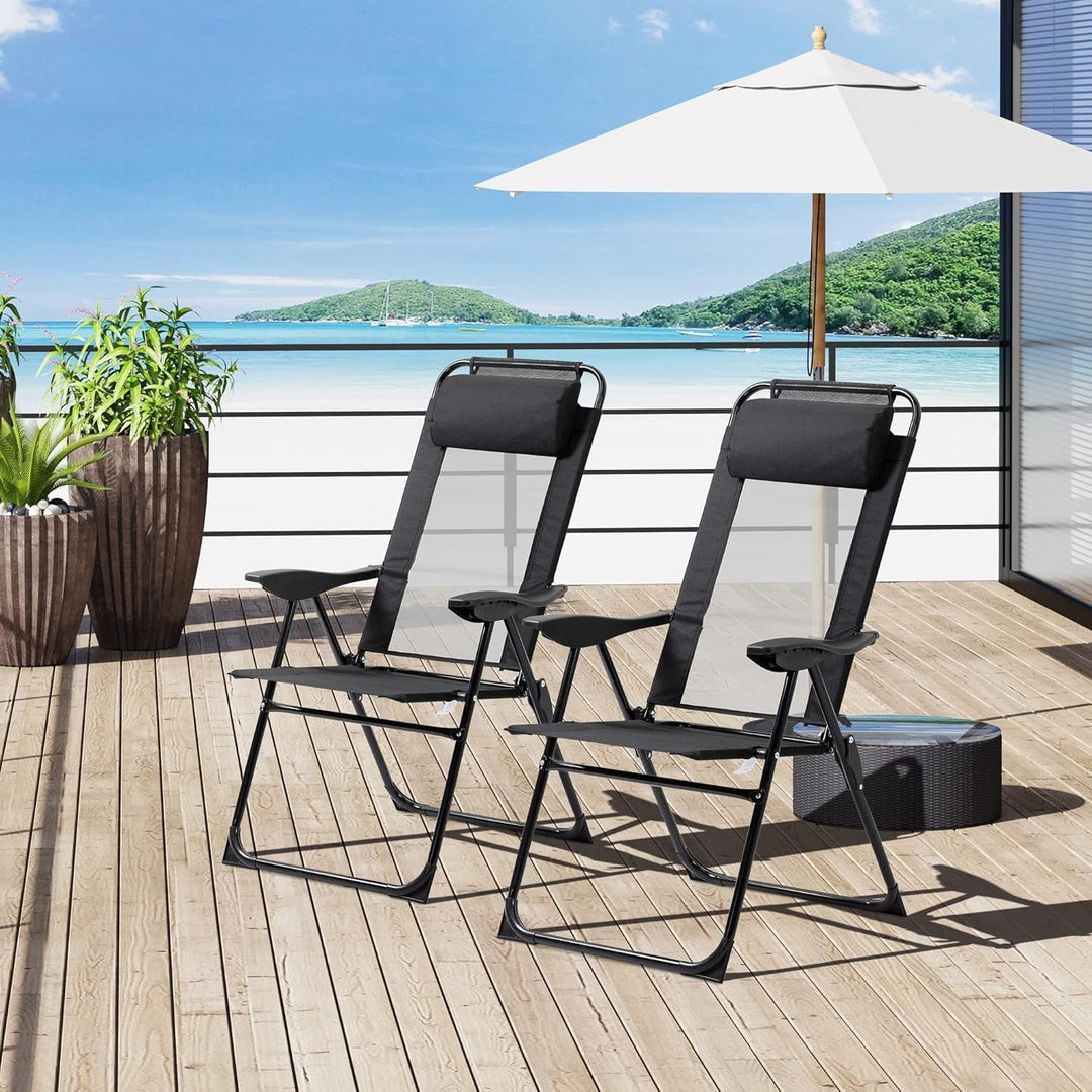 THTGCD Folding Patio Chairs Set of 2, Outdoor Deck Chair with Adjustable Sling Back, Camping Chair with Removable Headrest for Garden, Backyard, Lawn, Black