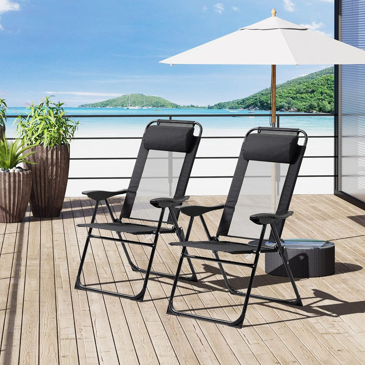 THTGCD Folding Patio Chairs Set of 2, Outdoor Deck Chair with Adjustable Sling Back, Camping Chair with Removable Headrest for Garden, Backyard, Lawn, Black