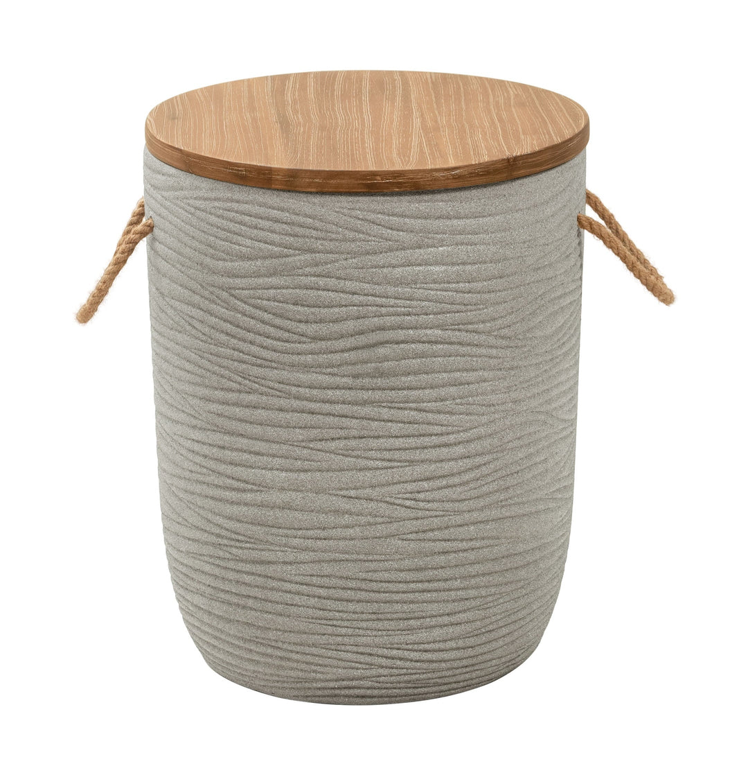 Biban Side Table Natural & Gray End Table, Modern Style, Brushed Acacia Wood round shape tabletop, Super Poly-Stone, Outdoor Living