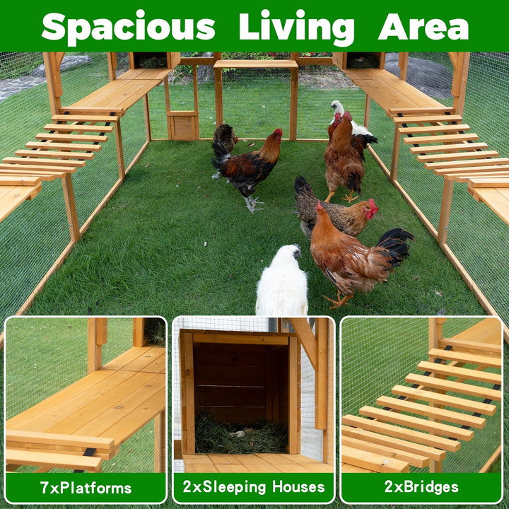Large Wooden Outdoor Chicken Run, 110" Large Hen Run House, Chicken Coop Upgrade Waterproof Cover