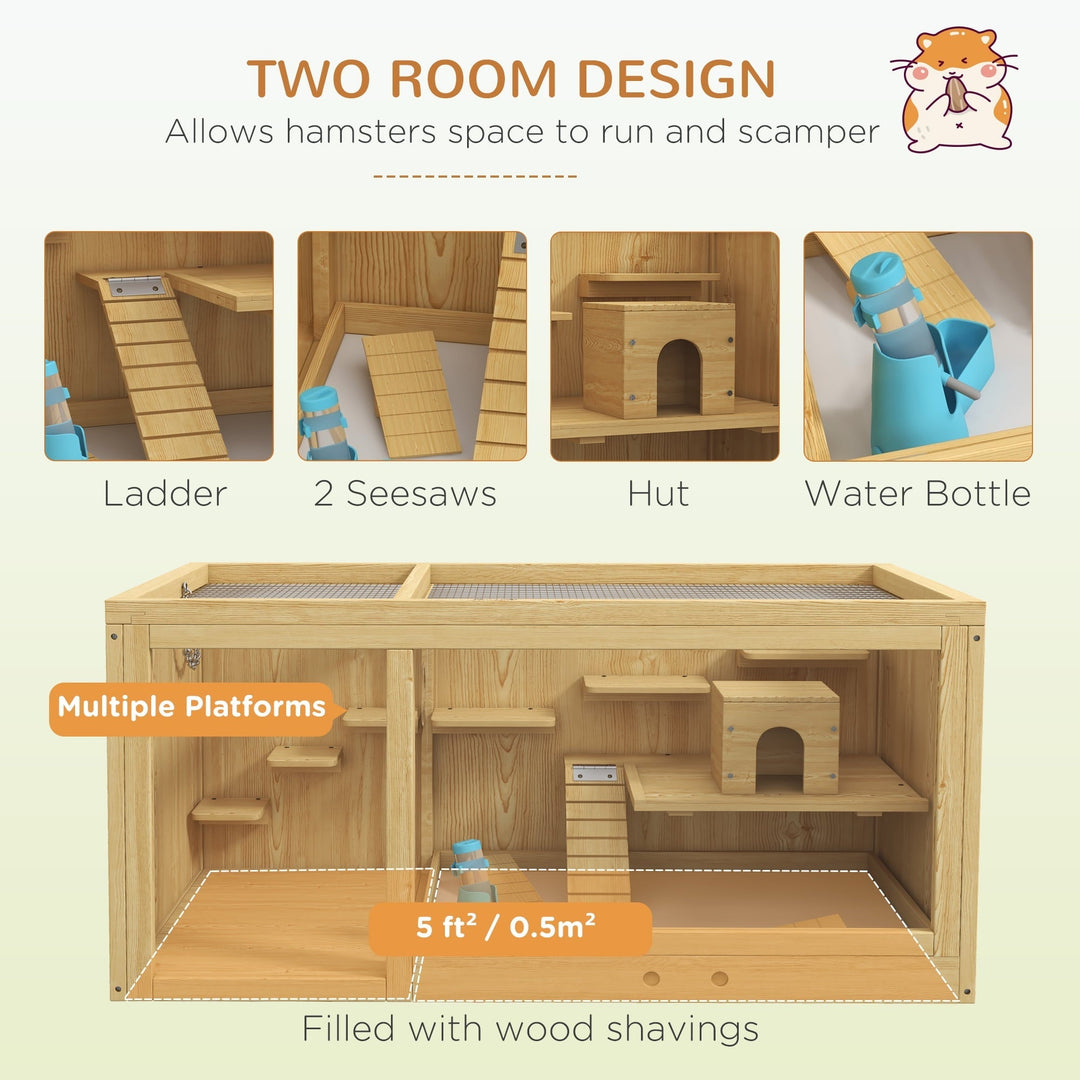 CoSoTower Wooden Hamster Cage, Extra Large Gerbil Cage, Multi-Layer Small Animal Cage for Dwarf Hamster, Activity Center with Pull-Out Tray, Seesaws, Water Bottle, Ladder, Openable Top