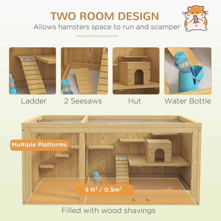 CoSoTower Wooden Hamster Cage, Extra Large Gerbil Cage, Multi-Layer Small Animal Cage for Dwarf Hamster, Activity Center with Pull-Out Tray, Seesaws, Water Bottle, Ladder, Openable Top
