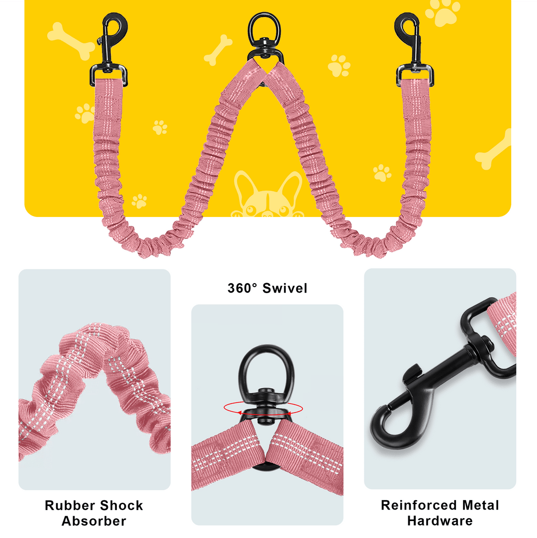 Double Dog Leash for Walking 2 Dogs - Tangle-Free 360° Swivel & Shock-Absorbing Bungee(Pink)