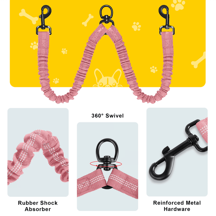 Double Dog Leash for Walking 2 Dogs - Tangle-Free 360° Swivel & Shock-Absorbing Bungee(Pink)