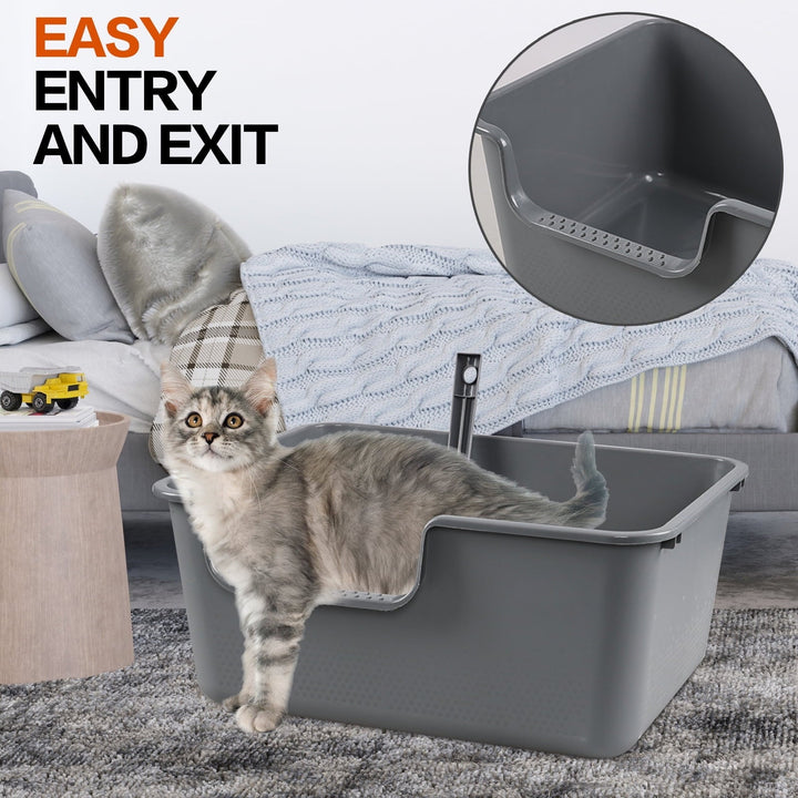 Yesdate 4-Pack Plastic Open Top Kitty Litter Box, Cat Litter Box with High Sides, Including 4 Scoops, Grey