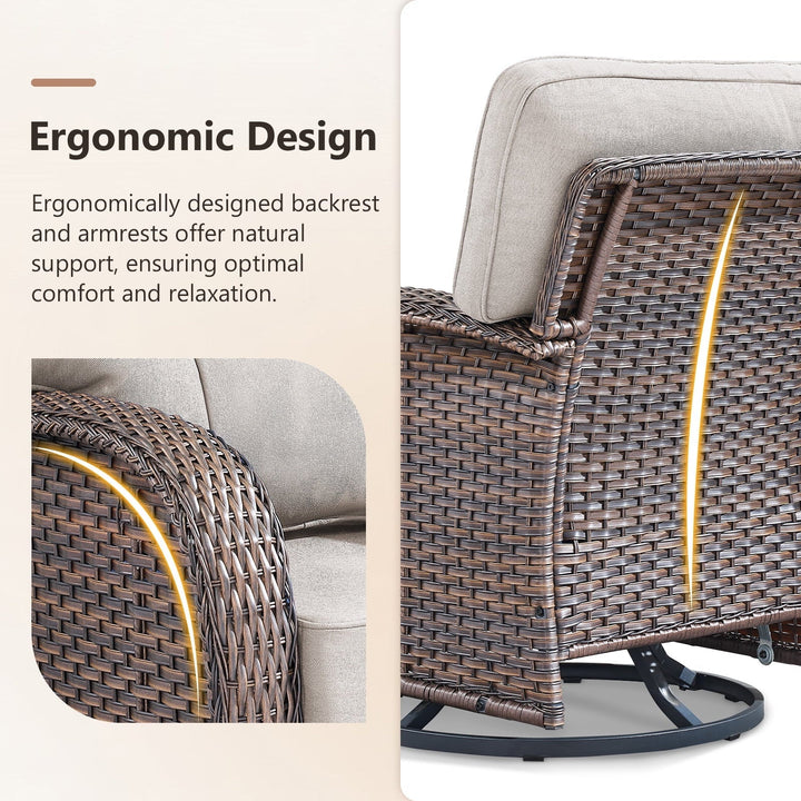 POCASSY Swivel Patio Chairs Set of 4, Wide Backrest Outdoor Swivel Glider Rocking Chairs with All Weather Brown Wicker with Comfort 5" Thick Cushion for Porch Balcony, Gray Cushion
