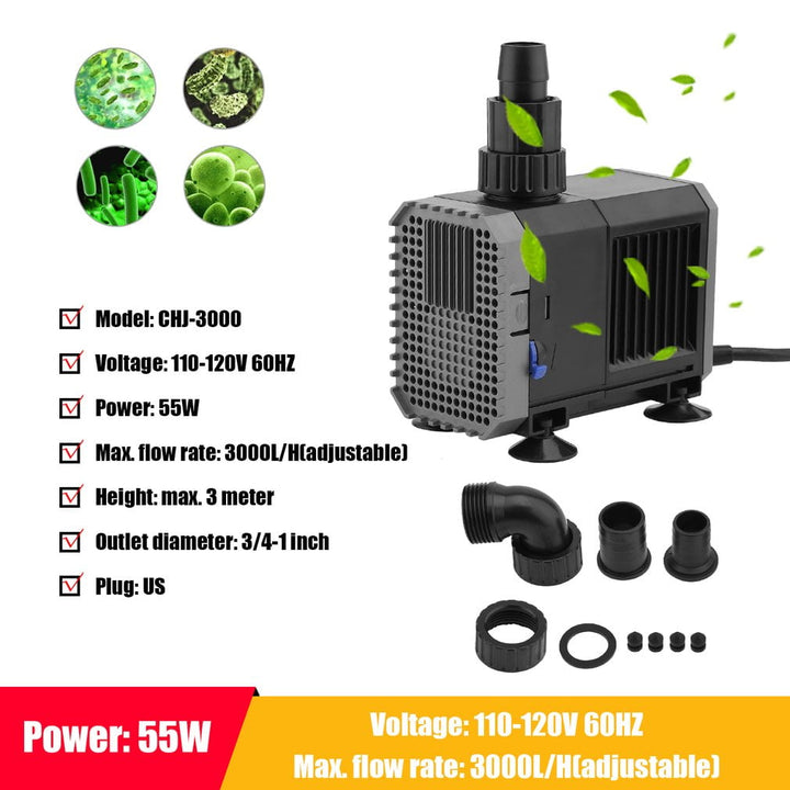 3000L/H Adjustable Submersible Pump Ultra-Quiet Aquarium Fish Tank Water Pump