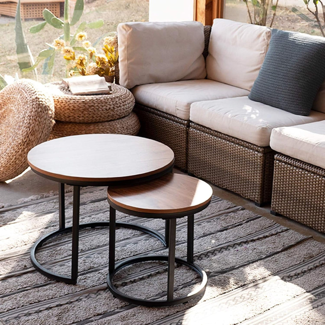 Modern Industrial Round Nesting Coffee Table Set of 2 – Sturdy Metal Frame Side & End Tables for Living Room, Bedroom, Apartment – Simple Nightstand or Centerpiece