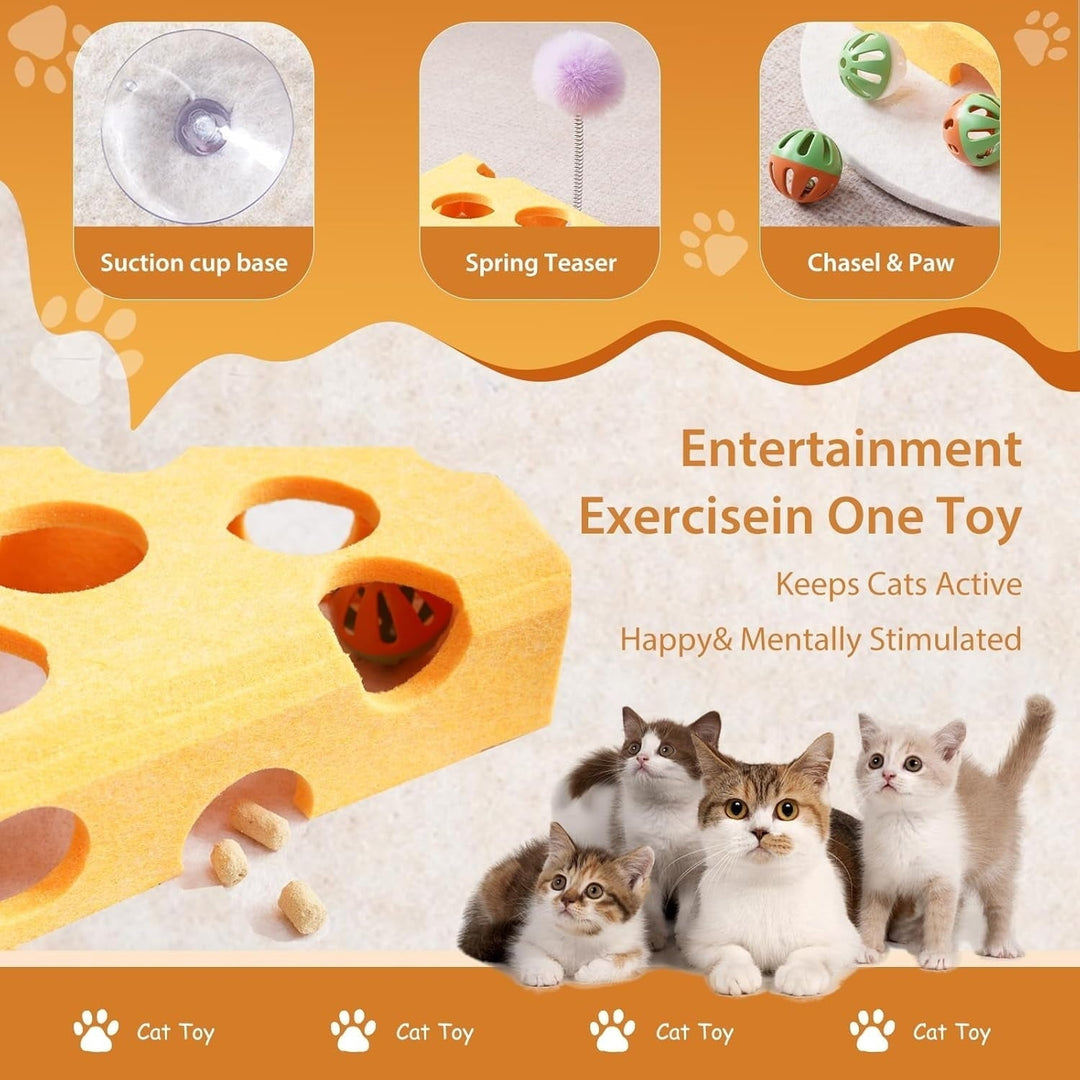Cat Puzzle Toy with Balls & Spring Teaser – Felt Cat Toy Box for Indoor Cats, Suction Cup Base, Treat Puzzle for Solo Play, Mental Stimulation, Self Play, Hunting & Enrichment (Yellow)