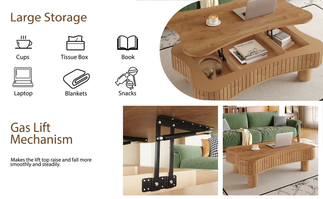 Lift Top Coffee Table for Living Room 42" - Fluted Panel Hidden Storage, Silent Hydraulic Lift, Curved Safety Corners, 5 Min Assembly (27"W X 13-18.9"H, Light Brown)