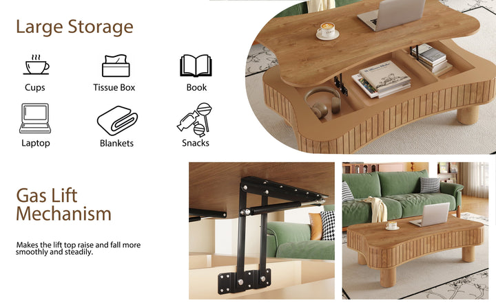 Lift Top Coffee Table for Living Room 42" - Fluted Panel Hidden Storage, Silent Hydraulic Lift, Curved Safety Corners, 5 Min Assembly (27"W X 13-18.9"H, Light Brown)