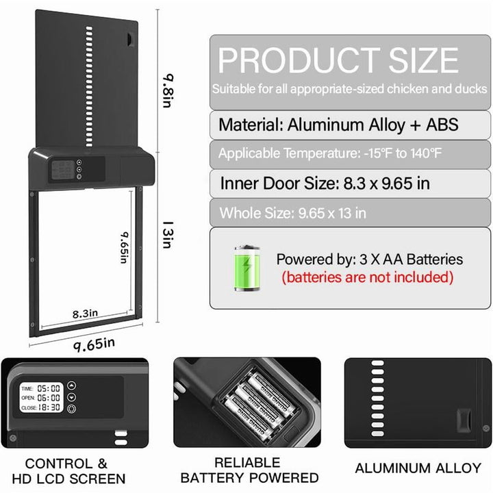 Automatic Chicken Coop Door – Battery Powered, LCD Display, Weatherproof & Safe, 2 Modes (Timer & Manual)