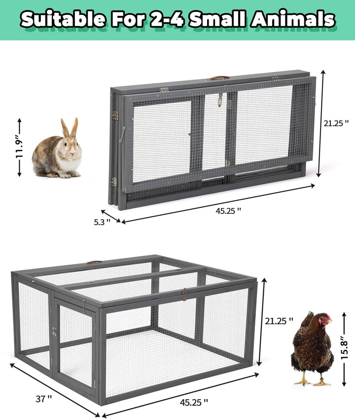 PRZL Chicken Coop Run Rabbit Hutch, Portable Chicken Cage Pens with Top & Side Opening Doors, Folding Wooden Chicken Coop, Outdoor Indoor Small Animal Playpen, Chicken Brooder Box, 45.3Inch (Grey)