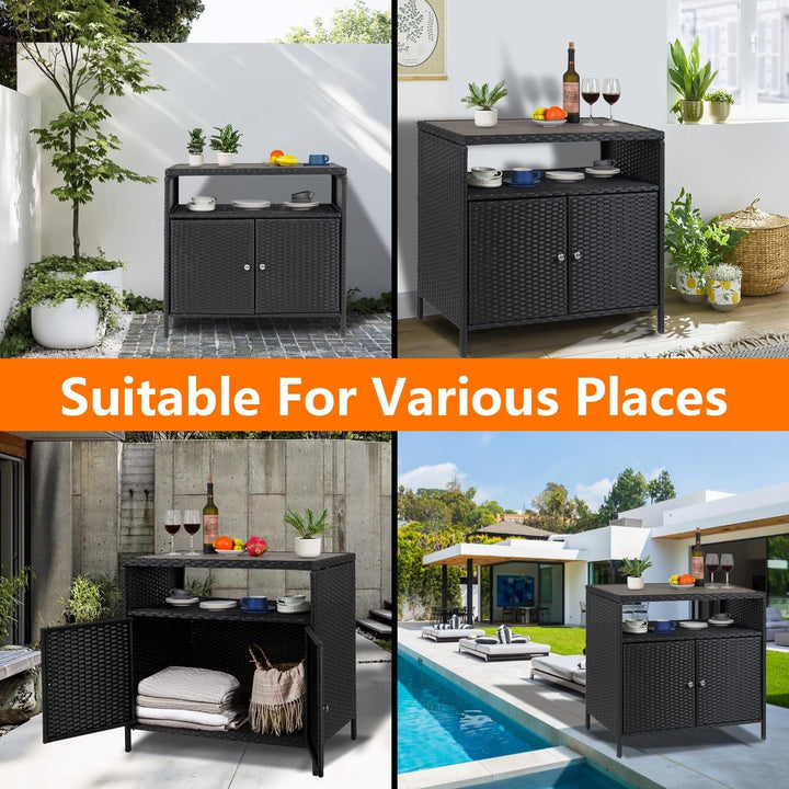 Outdoor Storage Cabinet with Doors, Weatherproof Wicker Patio Storage Box, Rattan Bar Table for Poolside, Backyard & Garden
