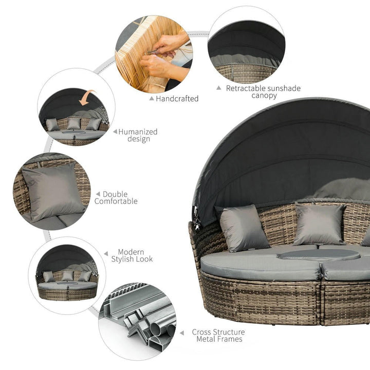 Barara King Patio Sofa Bed Set,Daybed Set,4-Piece Round Convertible Daybed, Outdoor PE Rattan Patio Wicker Sofa Set with 2 Chairs, Table, 3 Pillows, Gray