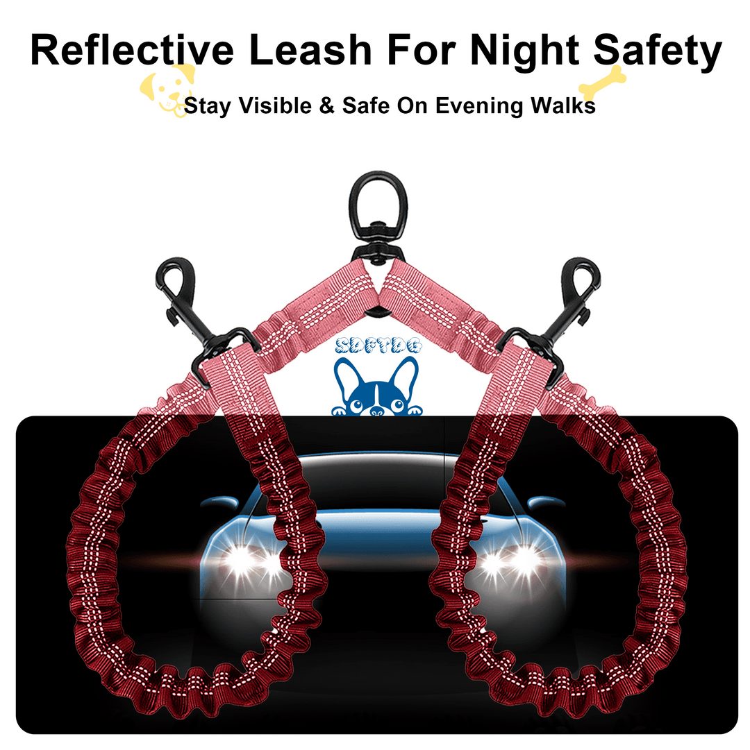 Double Dog Leash for Walking 2 Dogs - Tangle-Free 360° Swivel & Shock-Absorbing Bungee(Pink)