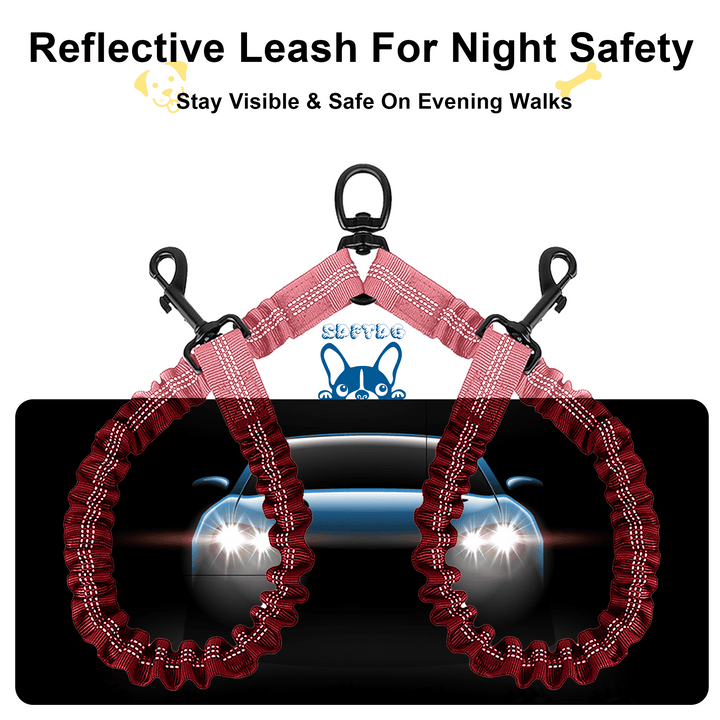 Double Dog Leash for Walking 2 Dogs - Tangle-Free 360° Swivel & Shock-Absorbing Bungee(Pink)