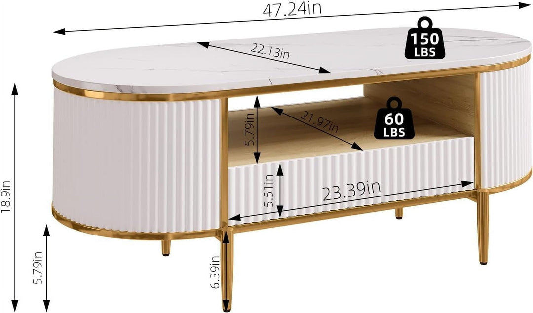 Modern Fluted Coffee Table, 48'' Modern Oval Coffee Table with Drawer, Faux Marble Top, Curved Profile Center Table with Storage, Gold Metal Decor, Center Table for Living Room, White