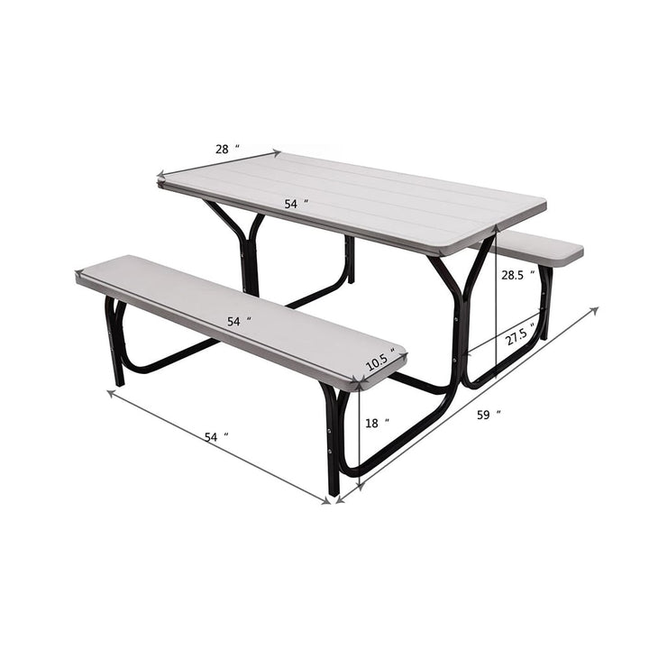 Picnic Table Bench Set, Outdoor All Weather Bench with Metal Base, Wood-Like Texture for Park, Backyard, Poolside, Camping, Garden, Lawn, White