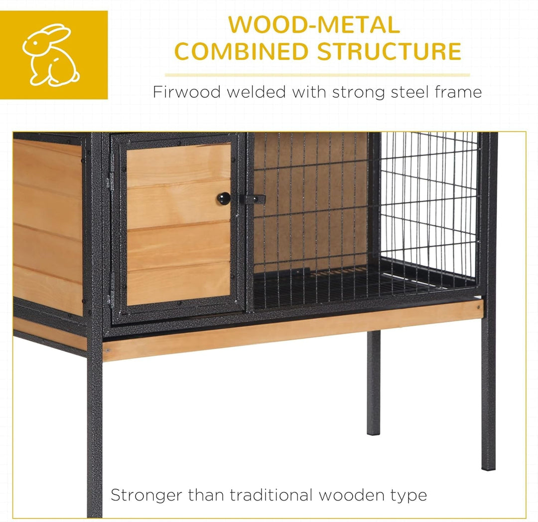 Rabbit Hutch Elevated Bunny Cage Small Animal Habitat with Metal Frame, No Leak Tray, Mtetal Wire Pan and Openable Water-Resistant Asphalt Roof for Indoor/Outdoor Natural Wood