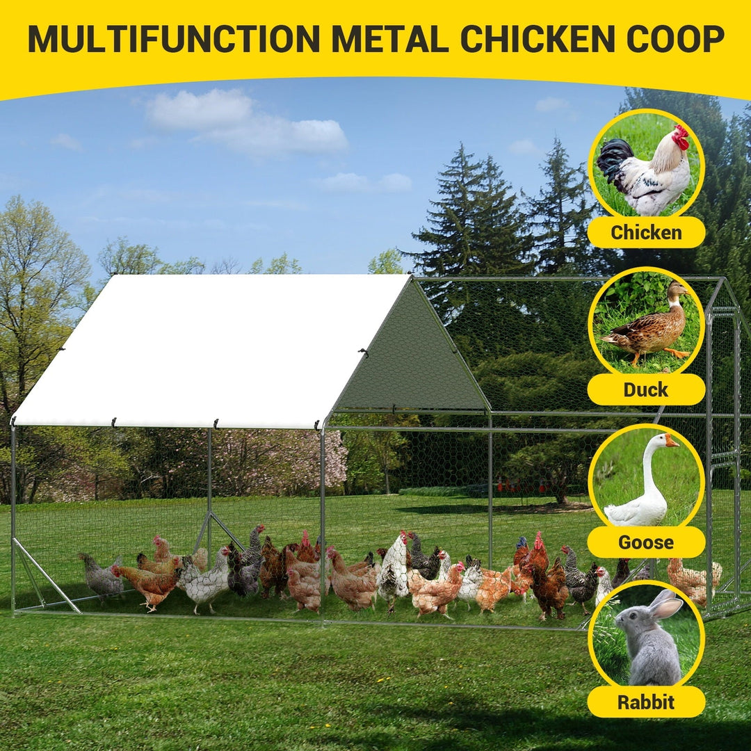 Lumiparty Large Metal Chicken Coop, Walking Poultry Cage Hen Run House Rabbits Habitat Cage Spire Shaped Coops, with Waterproof and Anti-Ultraviolet Cover for Backyard Farm, Silver