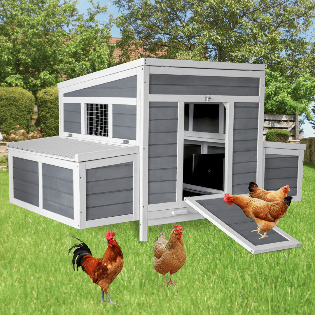 Chicken Coop with 2 Large Nesting Boxes, 59" Chicken Coops, Wooden Hen House for 4-6 Chickens, Outdoor Poultry Cage Duck Coop Weatherproof (Gray)