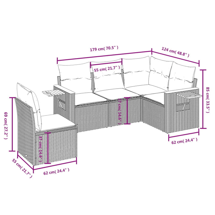 vidaXL Garden Sofa Set Grey PE rattan Medium Adjustable Armrests