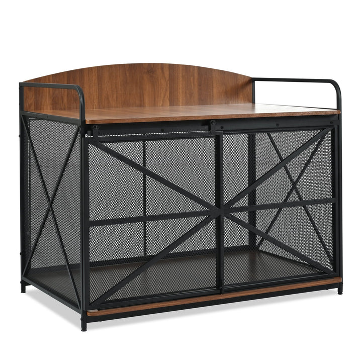 Noaman 42.8" Heavy Duty Farmhouse Dog Crate Furniture, Wooden Indoor Kennel & End Table for Large Dogs, Brown, Supports Up to 110lbs