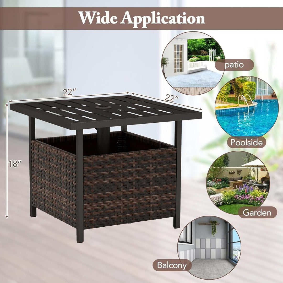 GaoJ Outdoor Side Table with Umbrella Hole, 22" Wicker Umbrella Stand Holder and Base, Weather-Resistant PE Rattan Patio End Table for Deck Garden Poolside (Metal Tabletop, Brown)