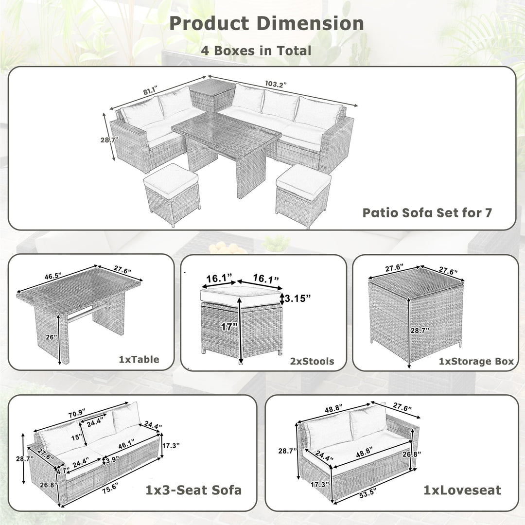 Olurrisa Outdoor 6-Piece All Weather PE Rattan Sofa Set, Garden Patio Wicker Sectional Furniture Set with Adjustable Seat, Storage Box, Removable Covers and Tempered Glass Top Table, Natural