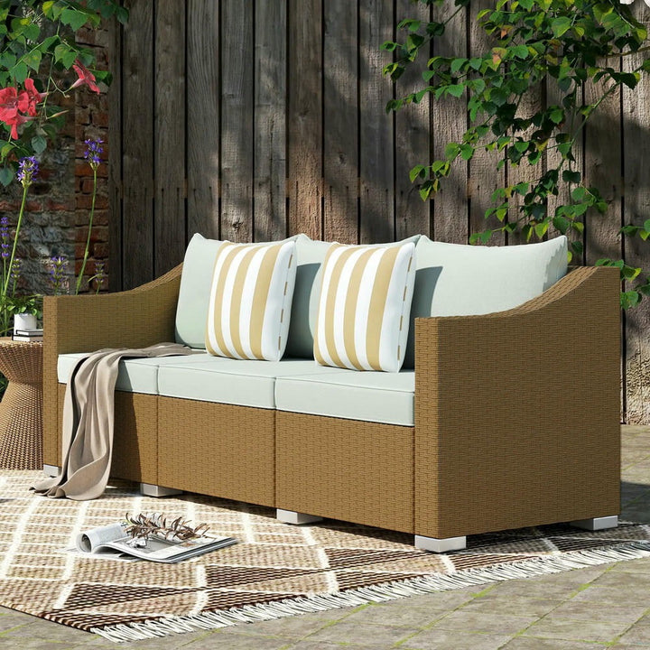 YYAo Patio Couch, Outdoor Sofa,Rattan Wicker 3 Seater Patio Couch with Cushions, 2 Throw Pillows, Outdoor Furniture Rattan Sofa, Light Gray