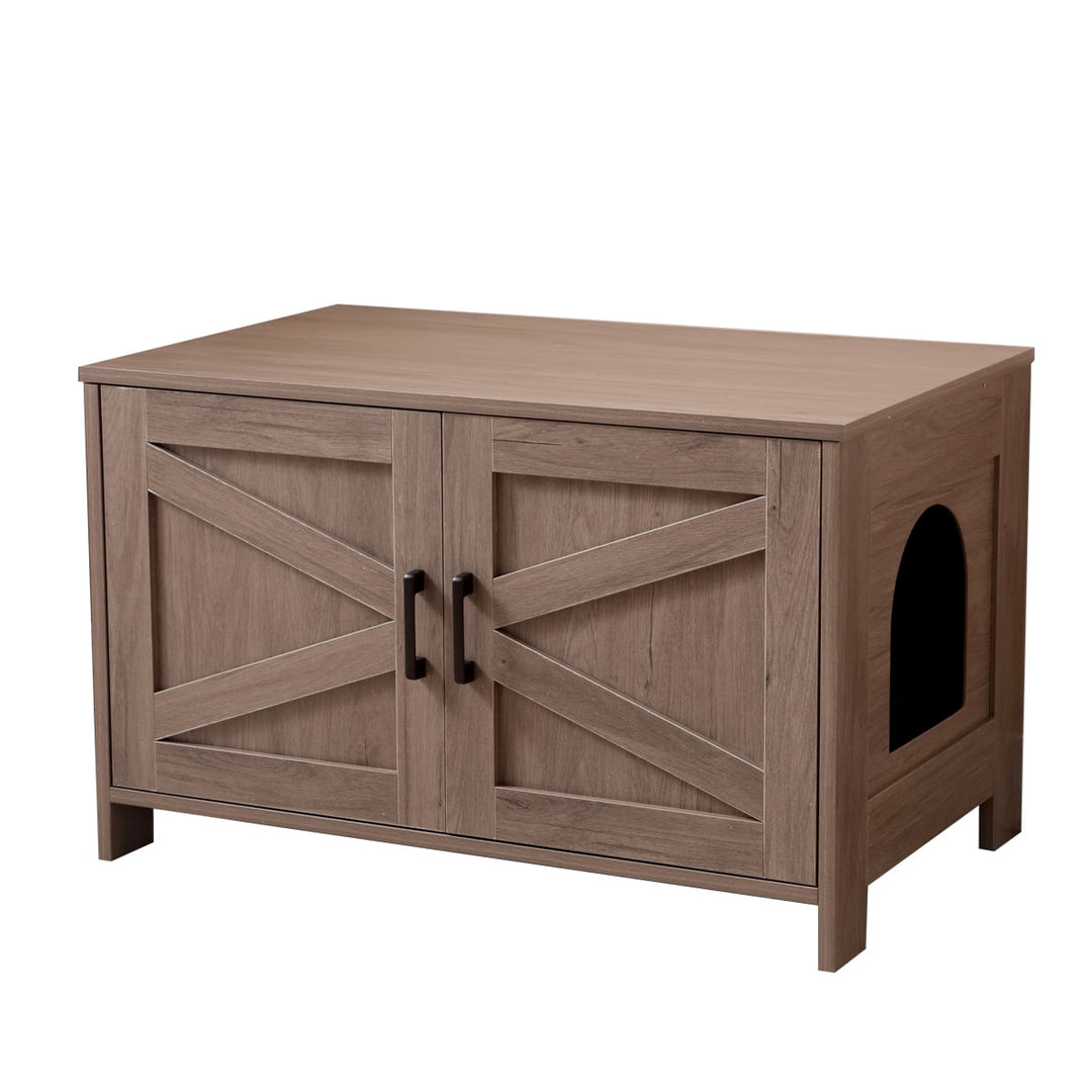 Noaman Cat Litter Box Enclosure with Barn Door, Wooden Cat Washroom Furniture & End Table, Fits Most Litter Boxes, 31.5"x19.7"x19.7", Greige
