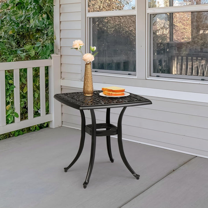 PINDEE Cast Aluminum Outdoor Side Table with Umbrella Hole, All Weather Round Patio Bistro Table,The appearance is exquisite, fashionable, and high-end.(Black)