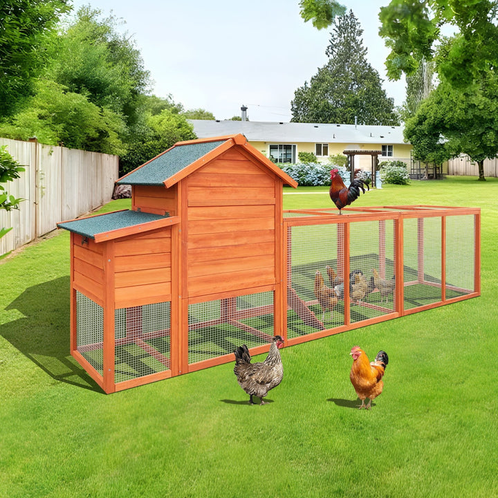 122＂Large Chicken Coop,  Wooden Hen House with Run, Nesting Box, Sliding Door, Removable Tray, Weatherproof Poultry Cage for Backyard