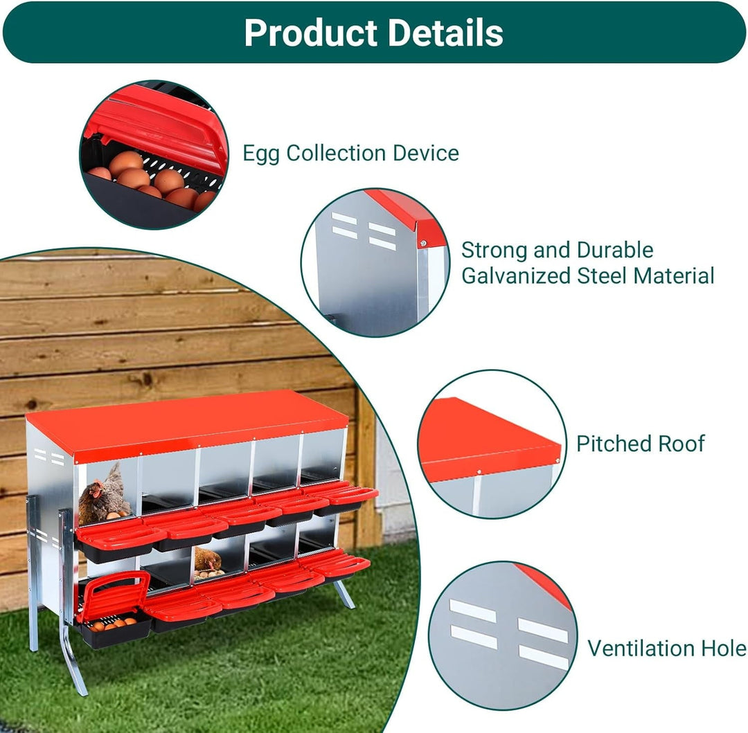 Pinypikaka Chicken Nesting Box with Bracket Legs, 10 Compartments Nesting Boxes for Chickens, Chicken Laying Boxes, Roll Away Nesting Box for Chickens Laying Egg with Lid Cover