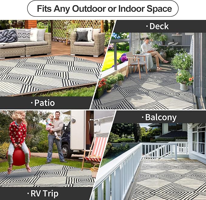 Waterproof Outdoor Rug 5x8ft, Foldable Reversible Plastic Straw Mat for Patio RV Deck Porch Backyard Balcony Camping Picnic Beach Indoor Outdoor Carpet, Black&Beige