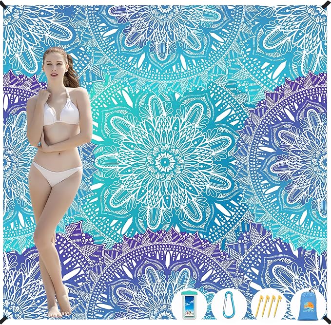 Beach Blanket Waterproof Sandproof 1-7 Adult Oversized 78 '' × 81 '' Lightweight Durable Compact Sand Free Beach Mat for Travel Camping Hiking Picnic Blanket Extra Large