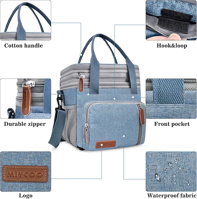MIYCOO Lunch Bag for Women Men Double Deck Lunch Box - Leakproof Insulated Soft Large Lunch Cooler Bag, (Blue,15L)