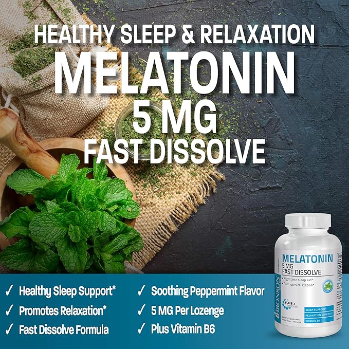 Bronson Melatonin 5mg Fast Dissolve Peppermint Tablets with Vitamin B6 - Promotes Relaxation, 360 Vegetarian Chewable Lozenges