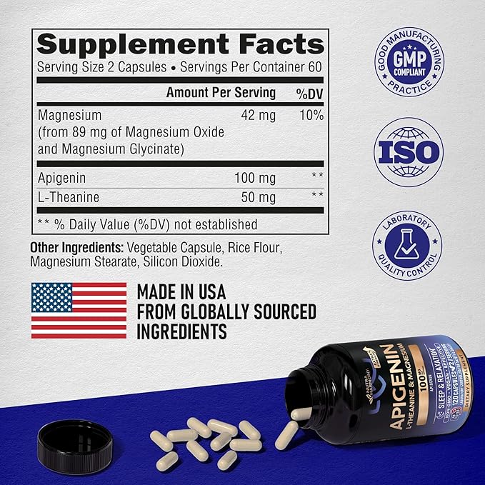 Apigenin 100mg - Apigenin Supplement for Sleep Support with L-Theanine & Magnesium - Sleep, Stress Relief & Relaxation Support for Adults - Naturally Derived from Chamomile - 120 Vegan Capsules