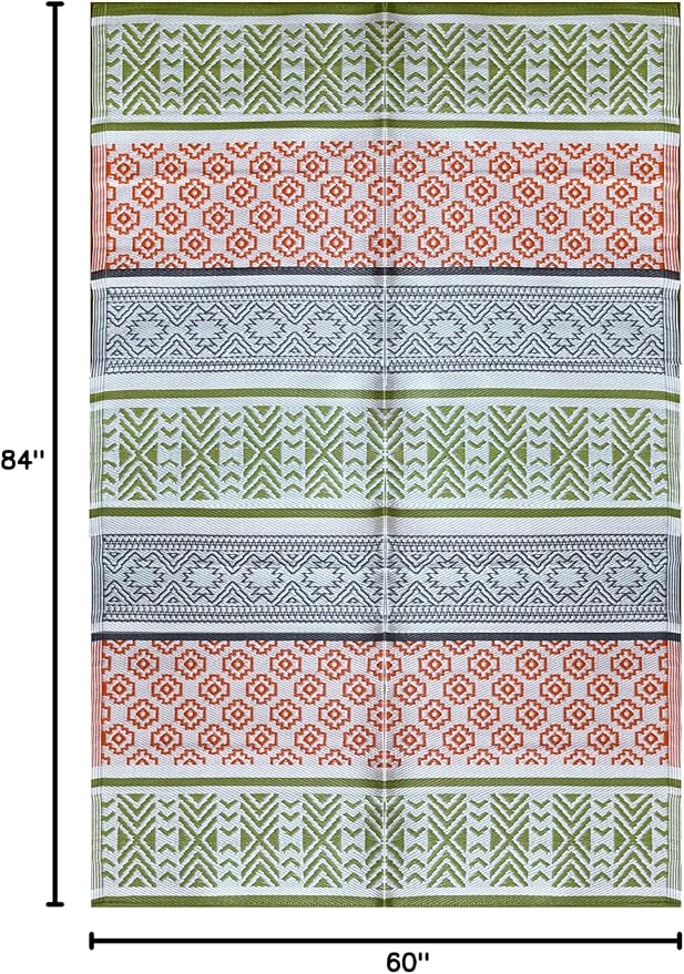 BalajeesUSA Outdoor Plastic Patio Rugs – 5x7 ft Green,Orange,Multipurpose,Woven Plastic Straw, All-Weather and Waterproof, Reversible Camper mat Sports Camp Backyard Picnic 711