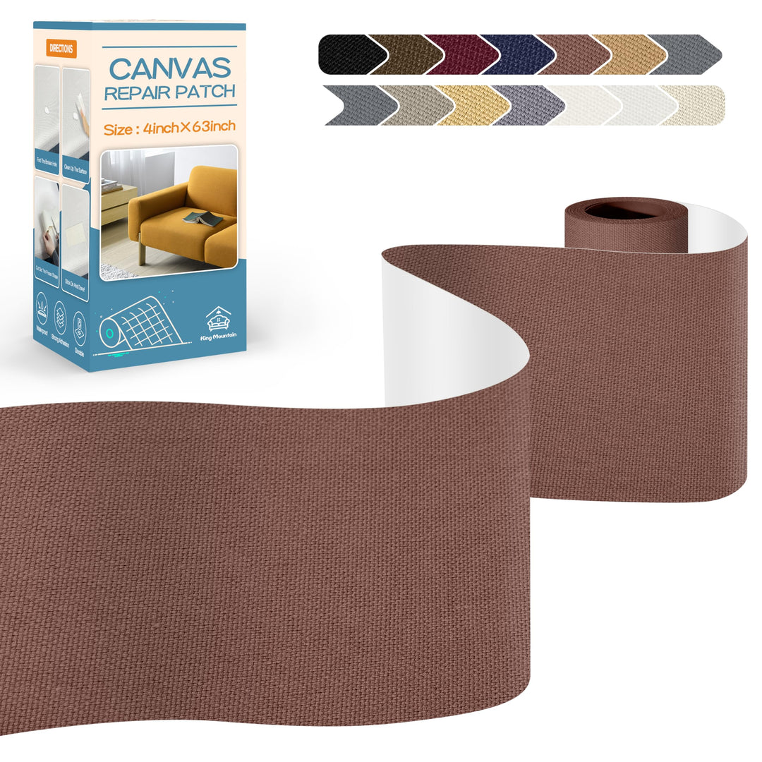 KING MOUNTAIN Canvas Repair Tape,Outdoor Gear Patch, 4×63 Inches,Waterproof,Self-Adhesive for Repairing Boat Covers,Sun Shades,Sofas,Tents,Lounge Chairs,Awnings (Brown)